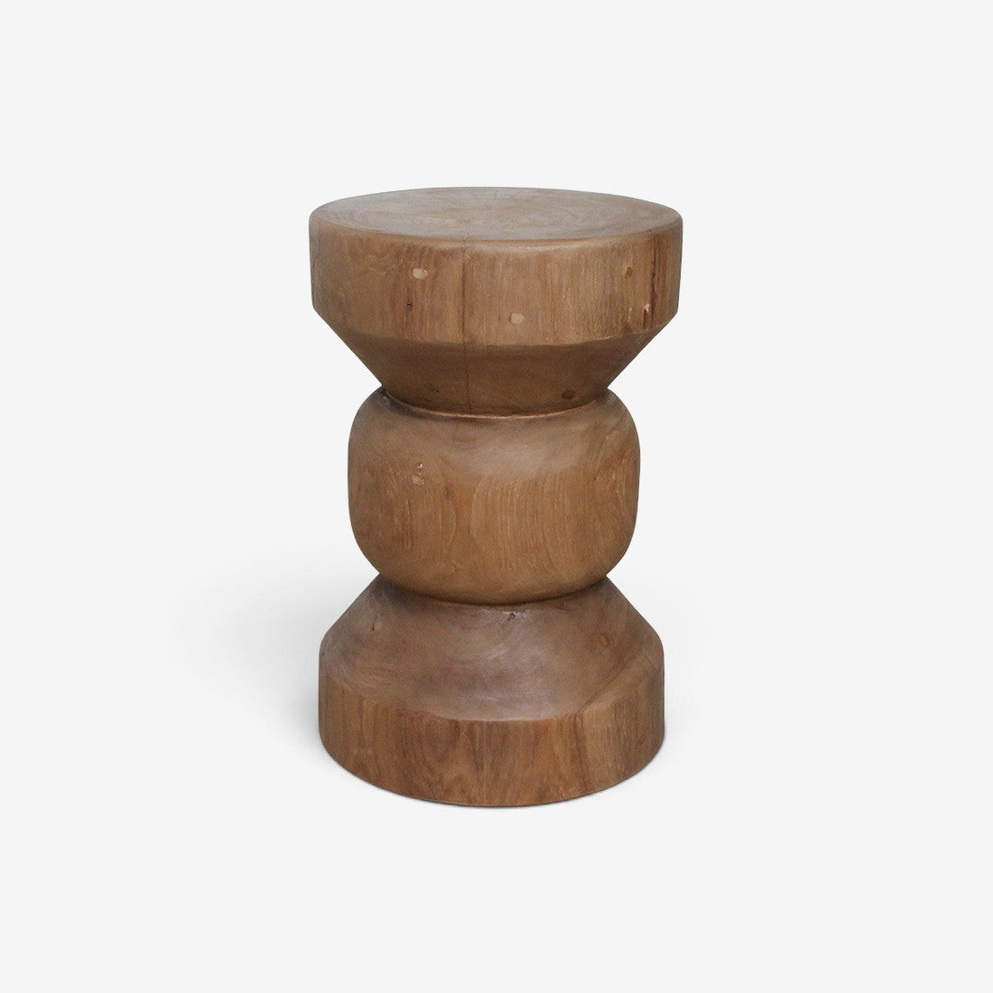 Kayu Living Forma Ritari handcrafted solid teak side table with a stacked geometric design in a warm wood tone.