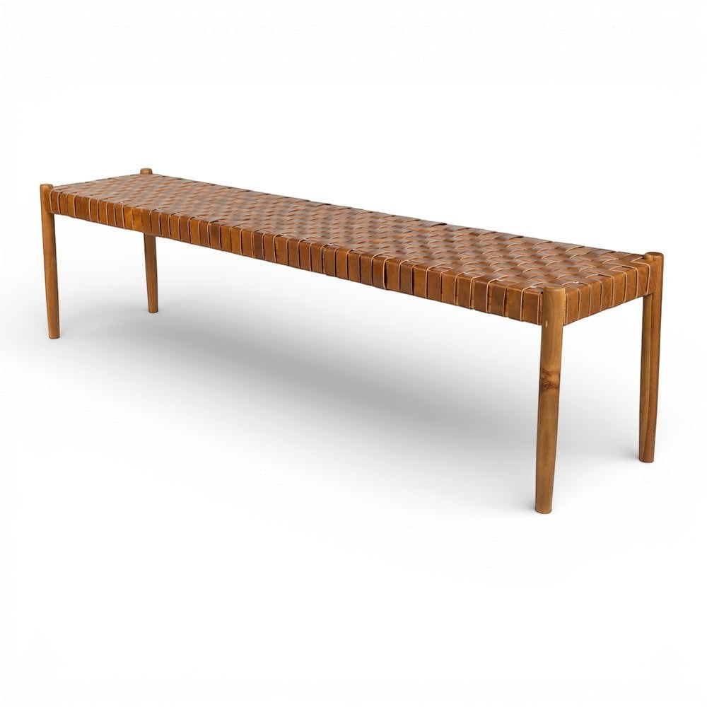 Kayu Living Sanur 180cm bench with solid teak frame and handwoven camel leather seat.