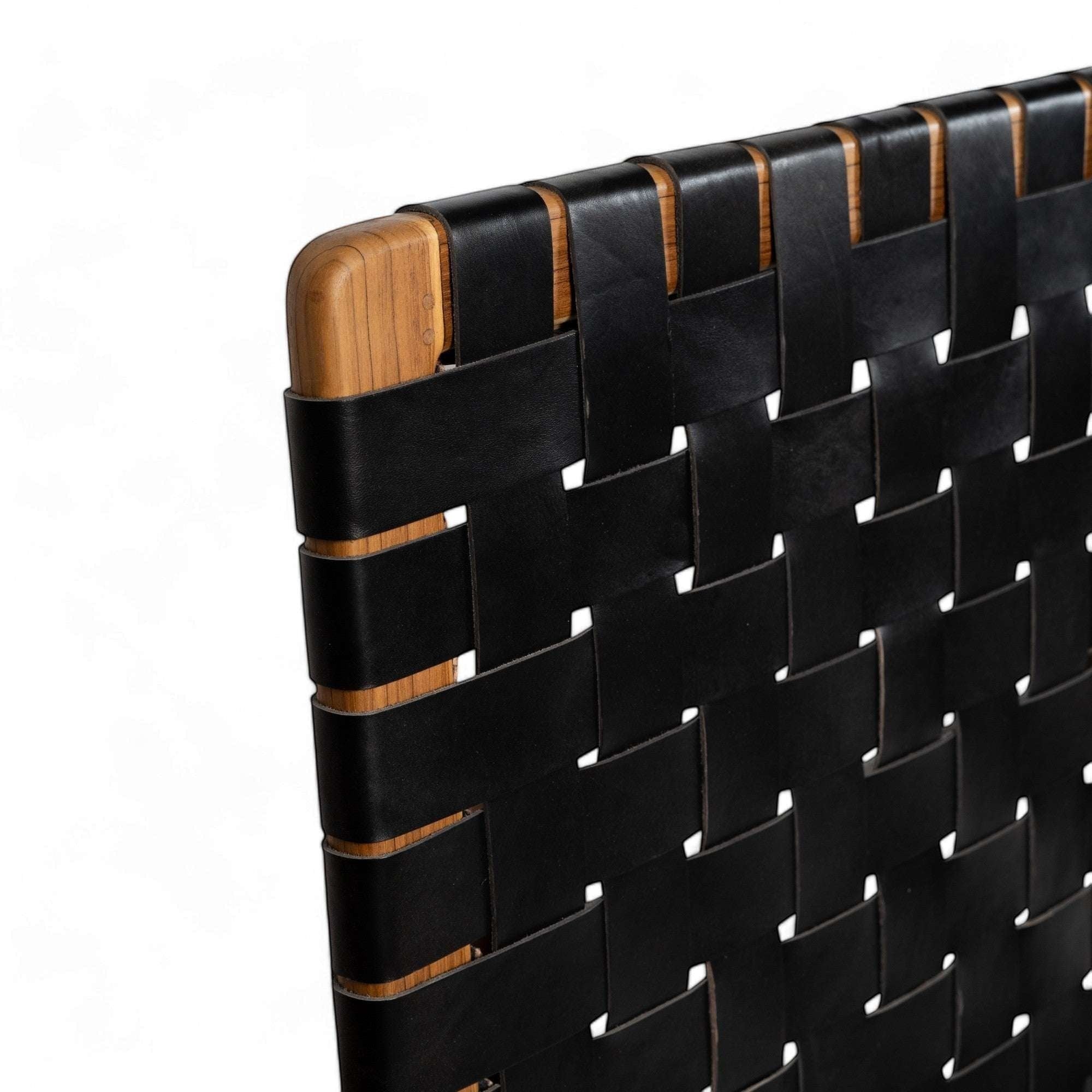 Kayu Living Umalas headboard: handcrafted teak frame with black woven leather straps. Modern artisanal design.