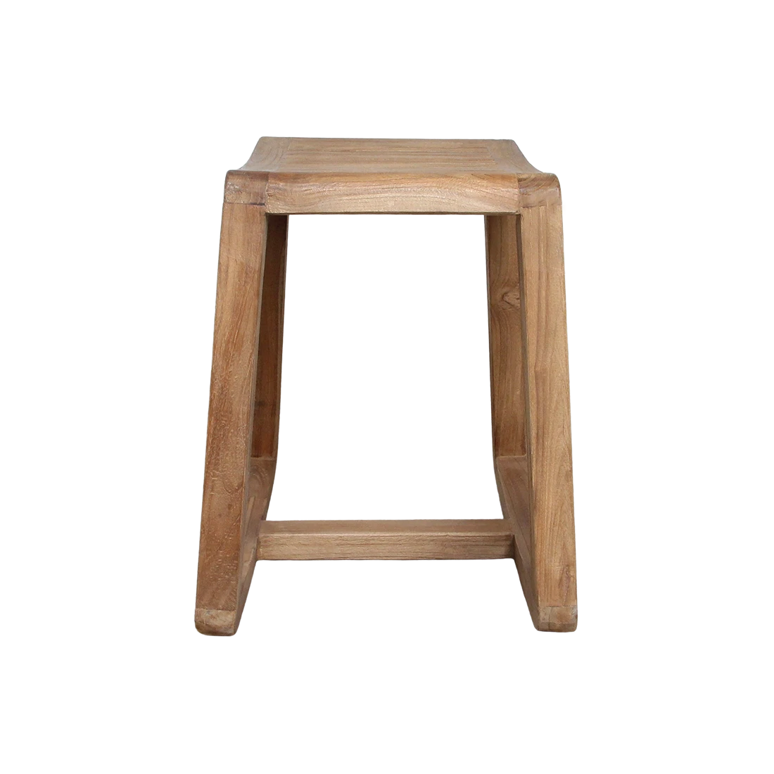 Kayu Living handcrafted solid teak rocking stool with a natural wood grain finish and compact, durable design.