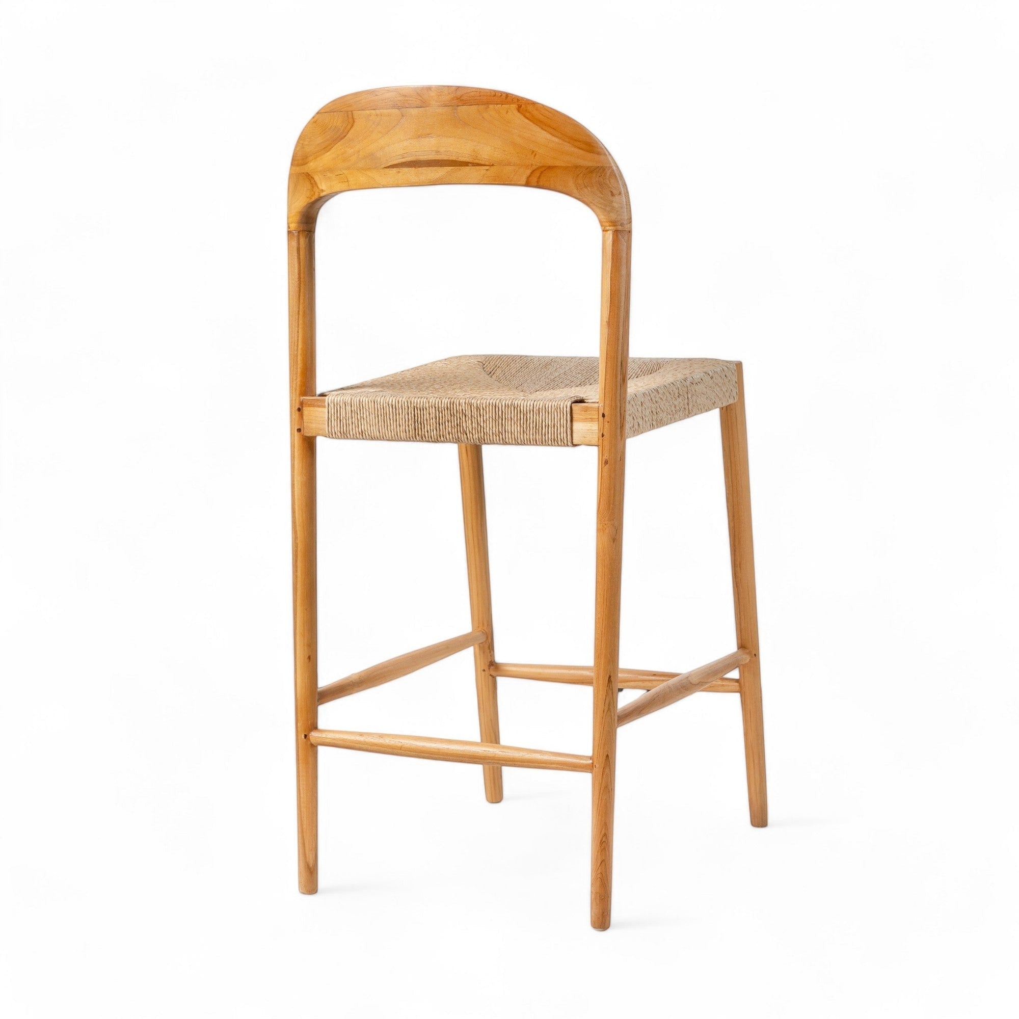 Kayu Living Cemagi teak and natural rope counter stool with curved backrest and woven seat. Modern design for indoor/outdoor use.