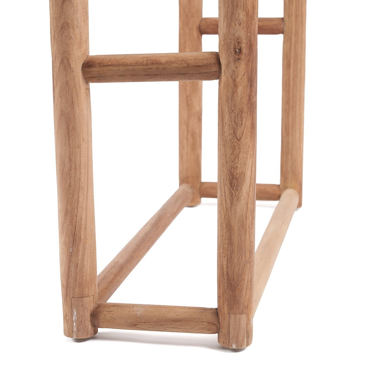 Kayu Living handmade natural teak wood towel hanger with a rustic, artisanal design for bathroom or outdoor use.