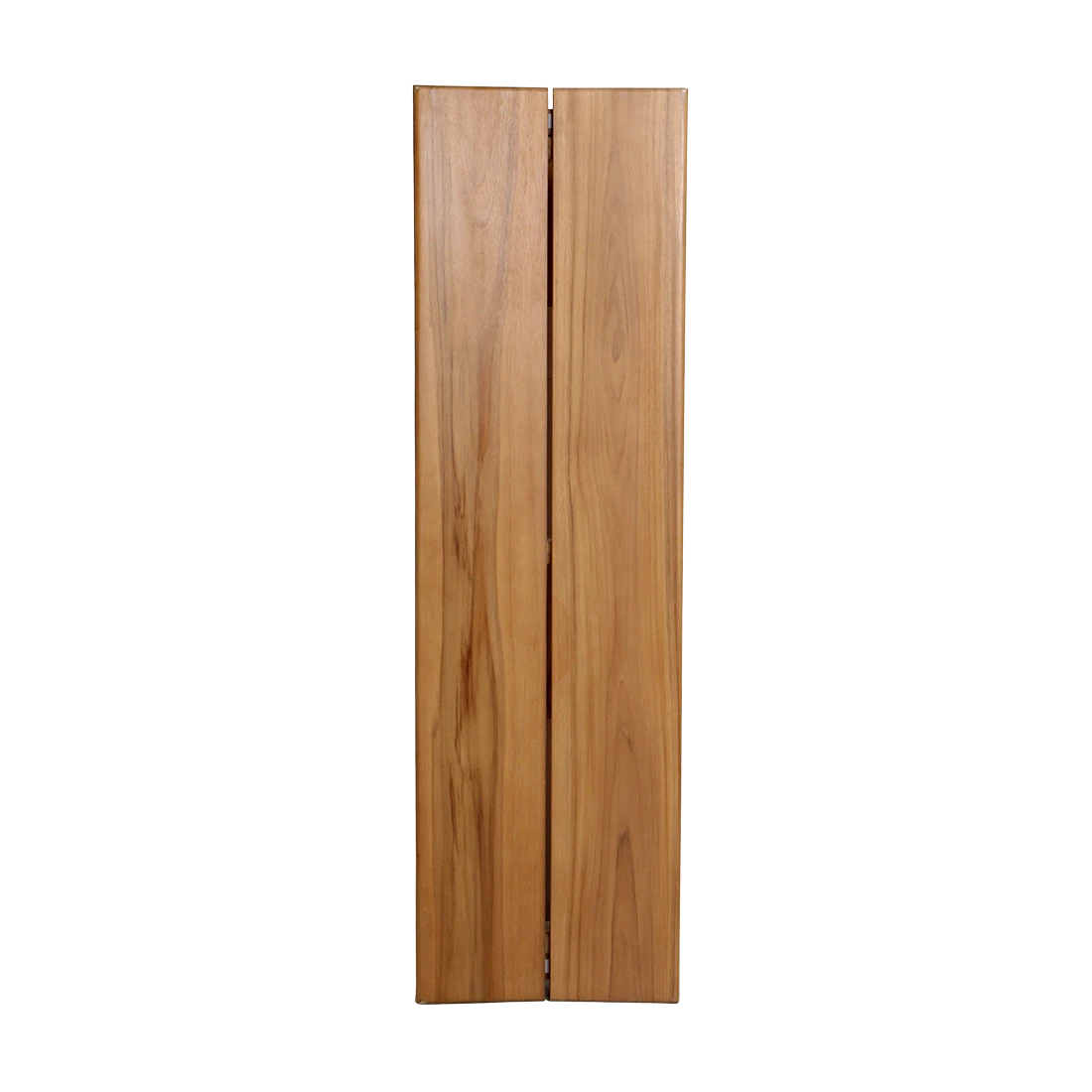 Kayu Living sustainable teak wood bench with natural grain, viewed from above against a black background.