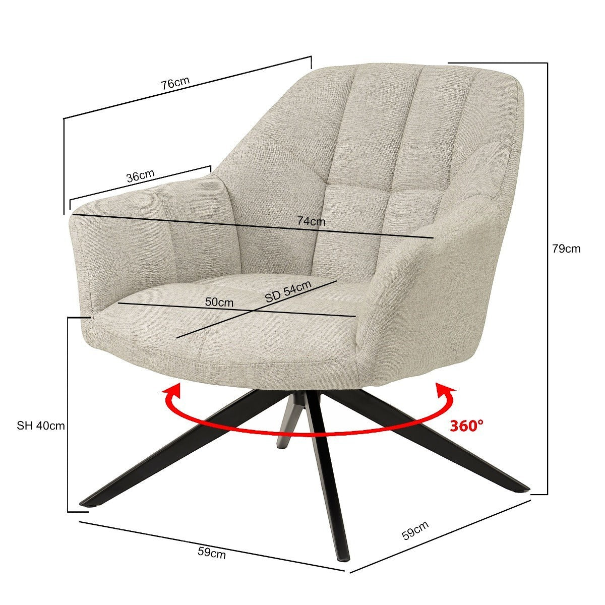 Kayu Living Tom swivel chair in beige fabric with black metal base and 360-degree rotation, showing dimensions.
