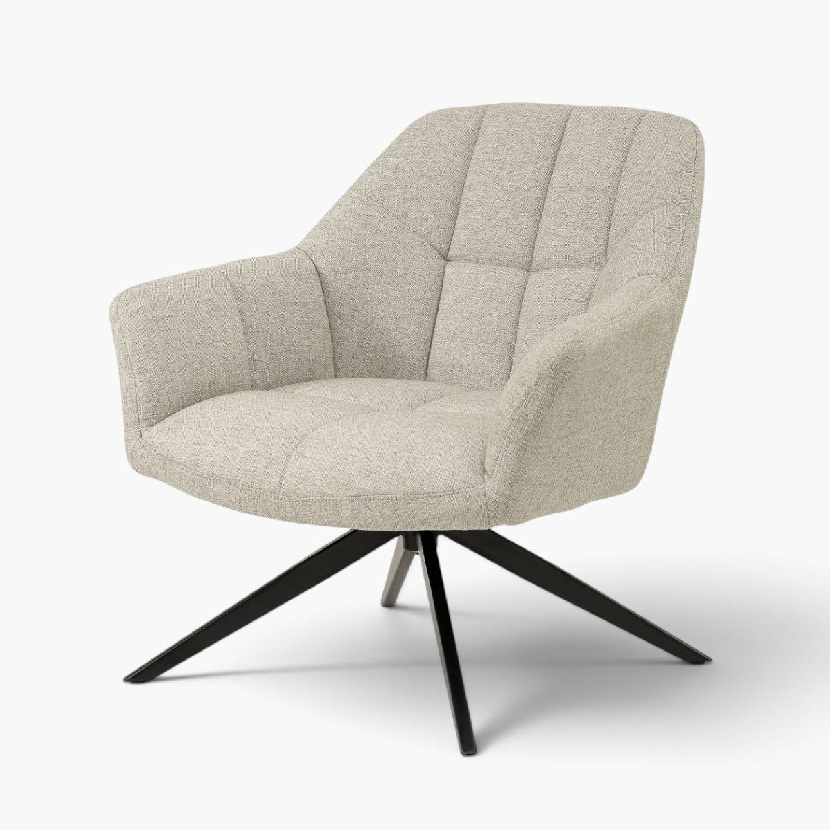 Kayu Living Tom swivel chair in sand fabric with a modern black metal base and tufted backrest