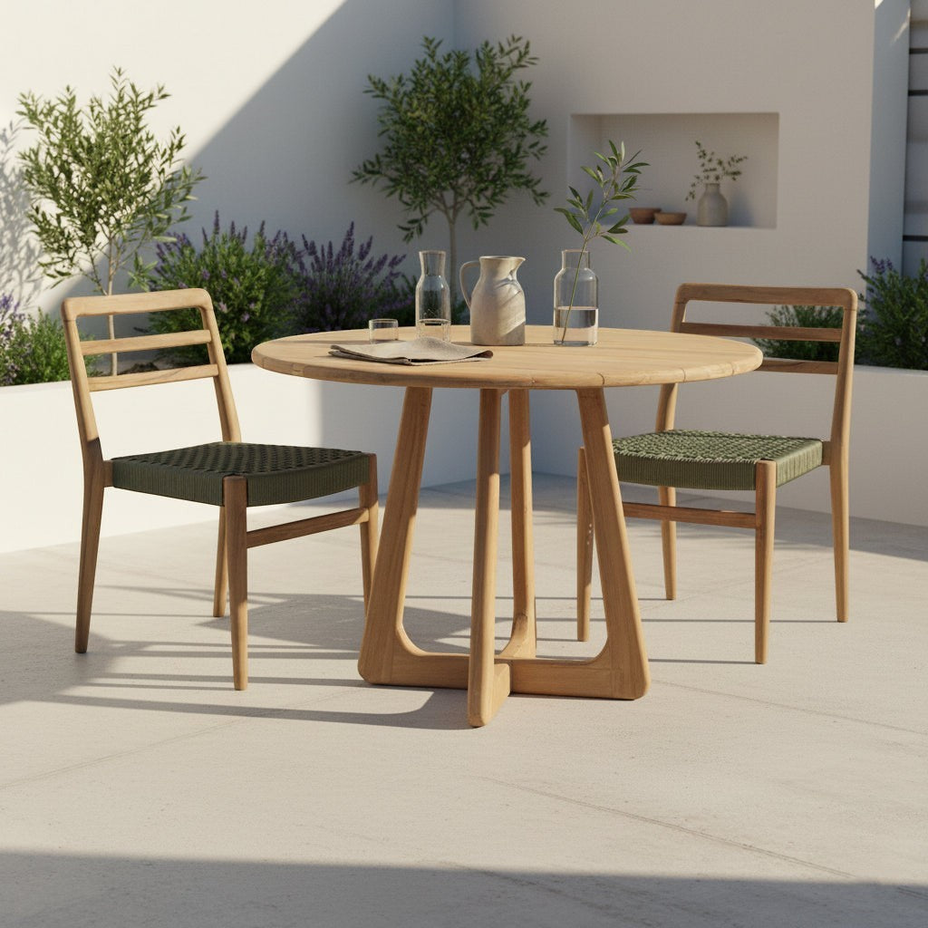 Kayu Living Verano round teak dining table with two matching chairs on a sunny outdoor patio
