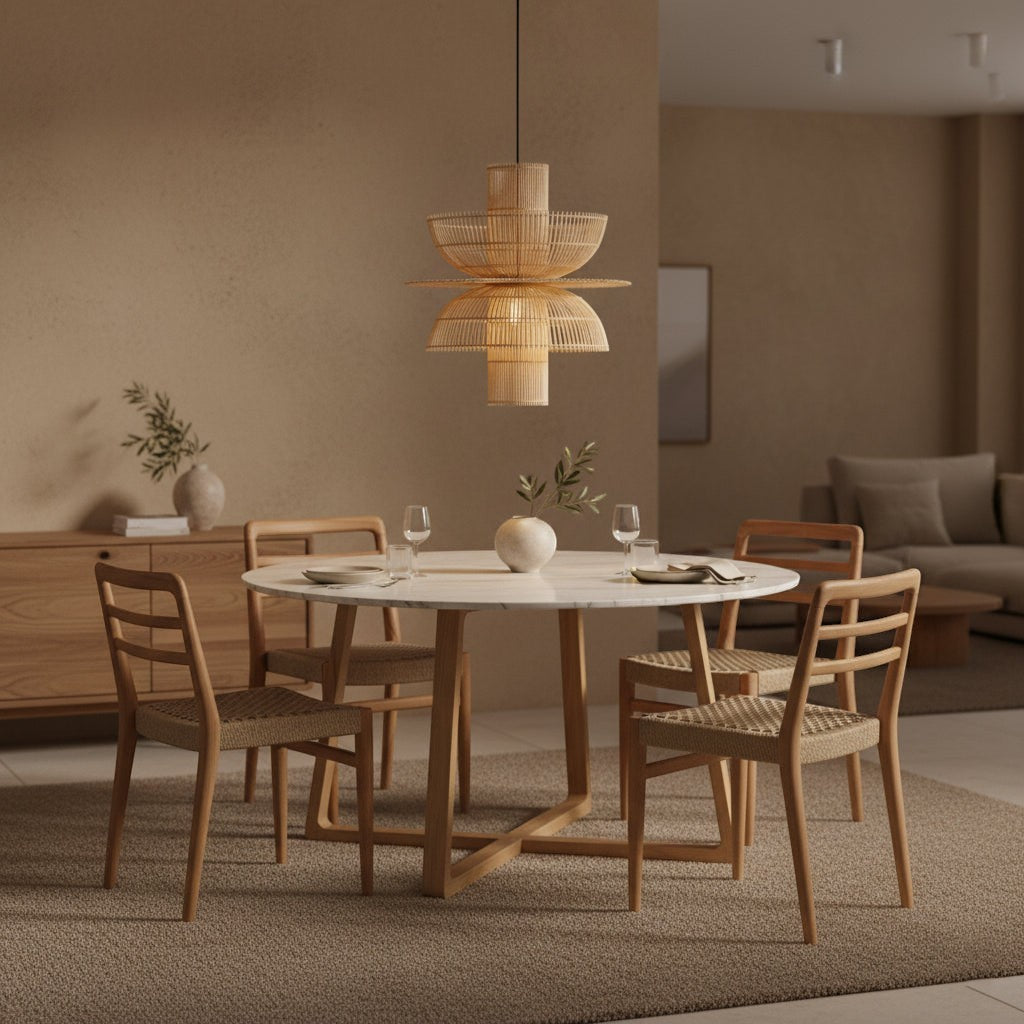 Kayu Living Verano teak dining chairs with woven rope seats arranged around a round marble table in a neutral room.