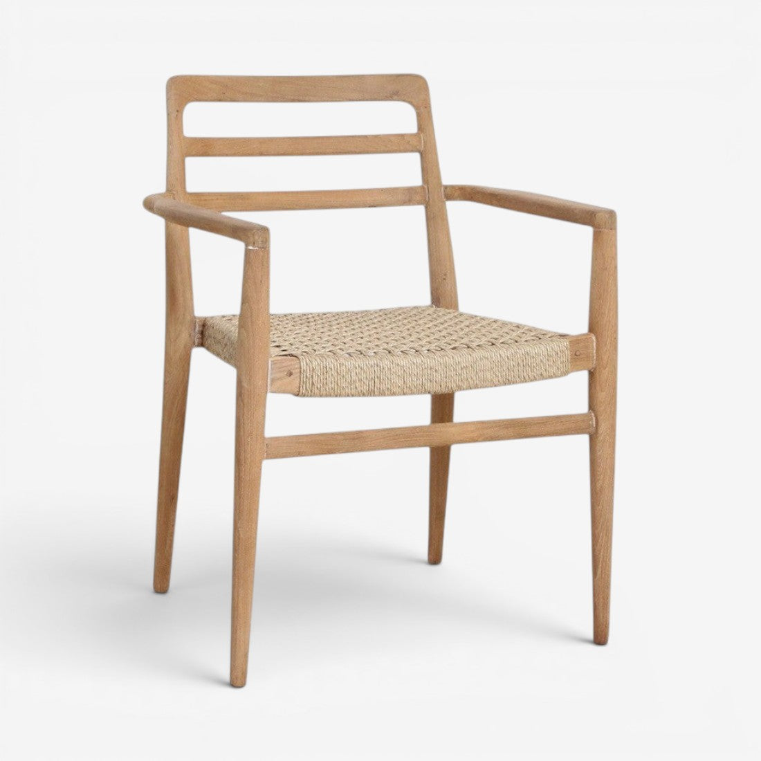 Kayu Living Verano teak garden chair with armrests featuring a natural woven rope seat and FSC-recycled wood frame.