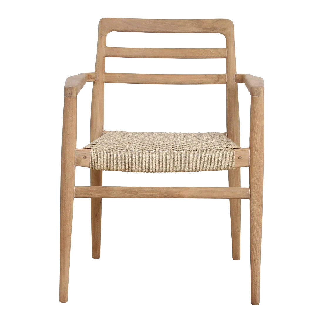 Kayu Living Verano teak garden chair with armrests and a woven rope seat, featuring a natural wood frame.