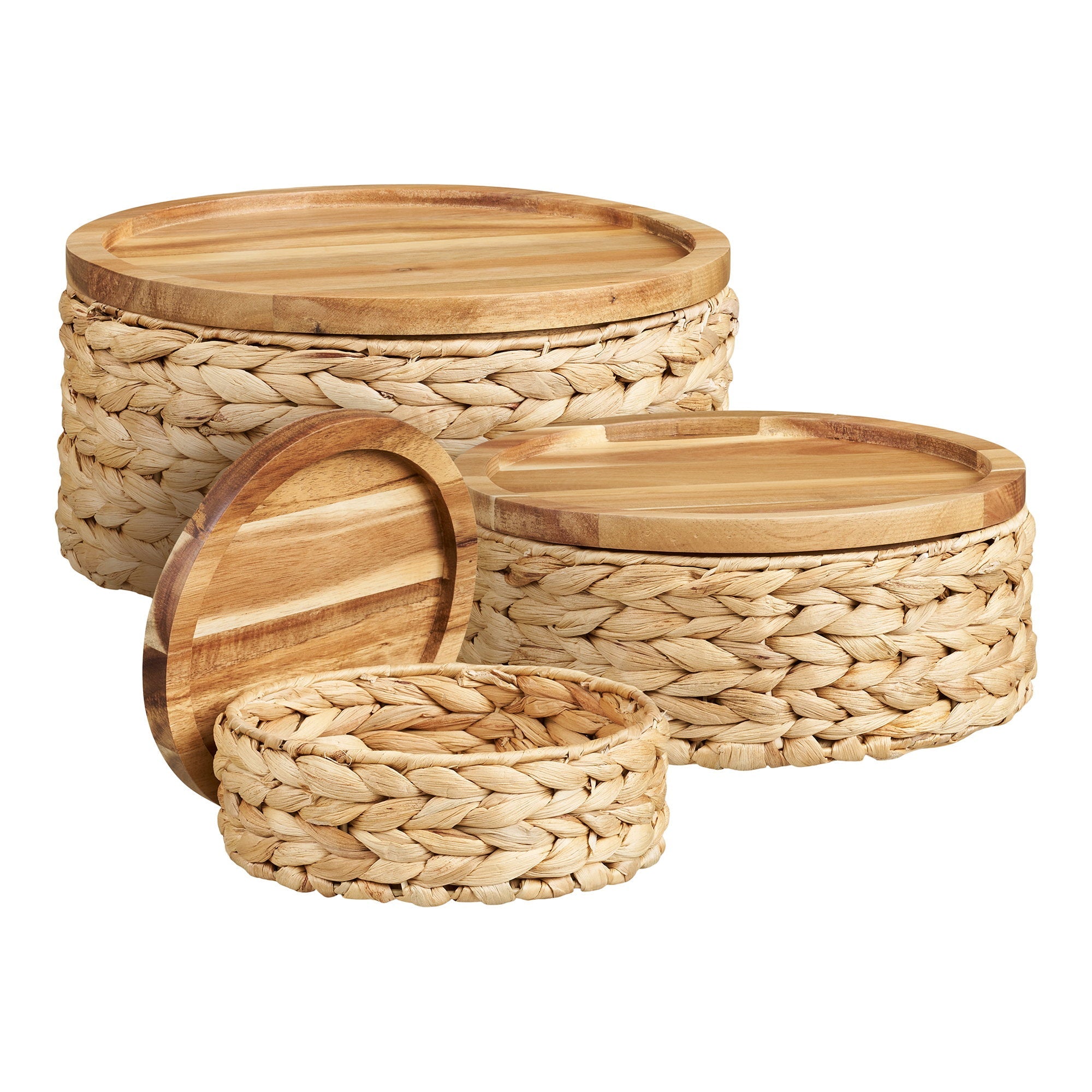 Kayu Living Botofte set of three round natural water hyacinth storage baskets with smooth wooden lids