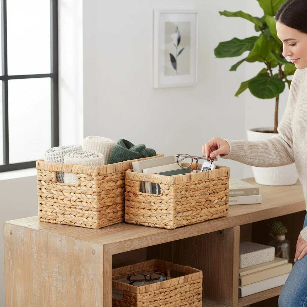 Kayu Living set of two natural water hyacinth baskets on a wooden console table with a woman organizing items