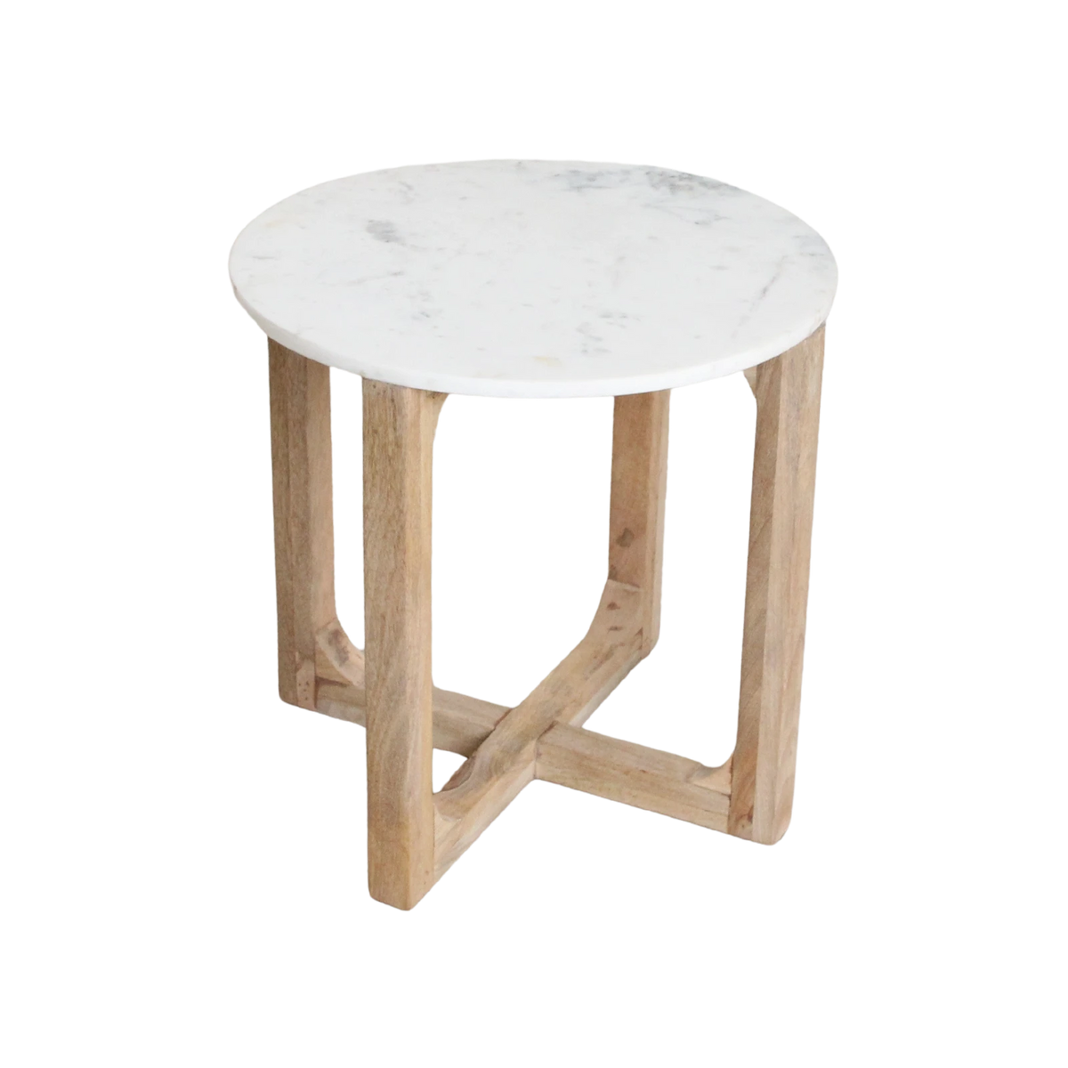 Kayu Living white marble round side table with a natural solid mango wood cross-shaped base