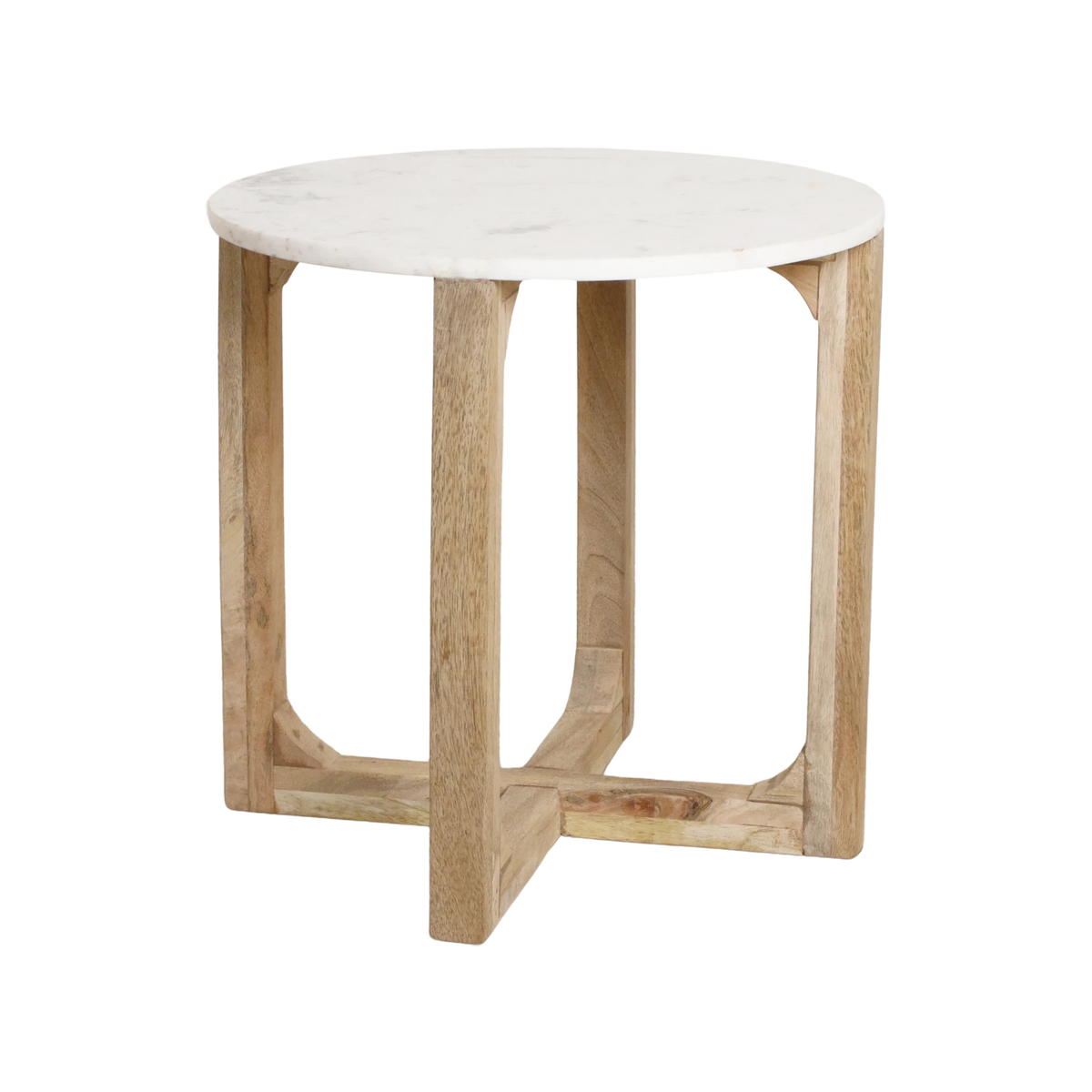 Kayu Living white marble side table with a round top and a natural solid mango wood cross-shaped base.