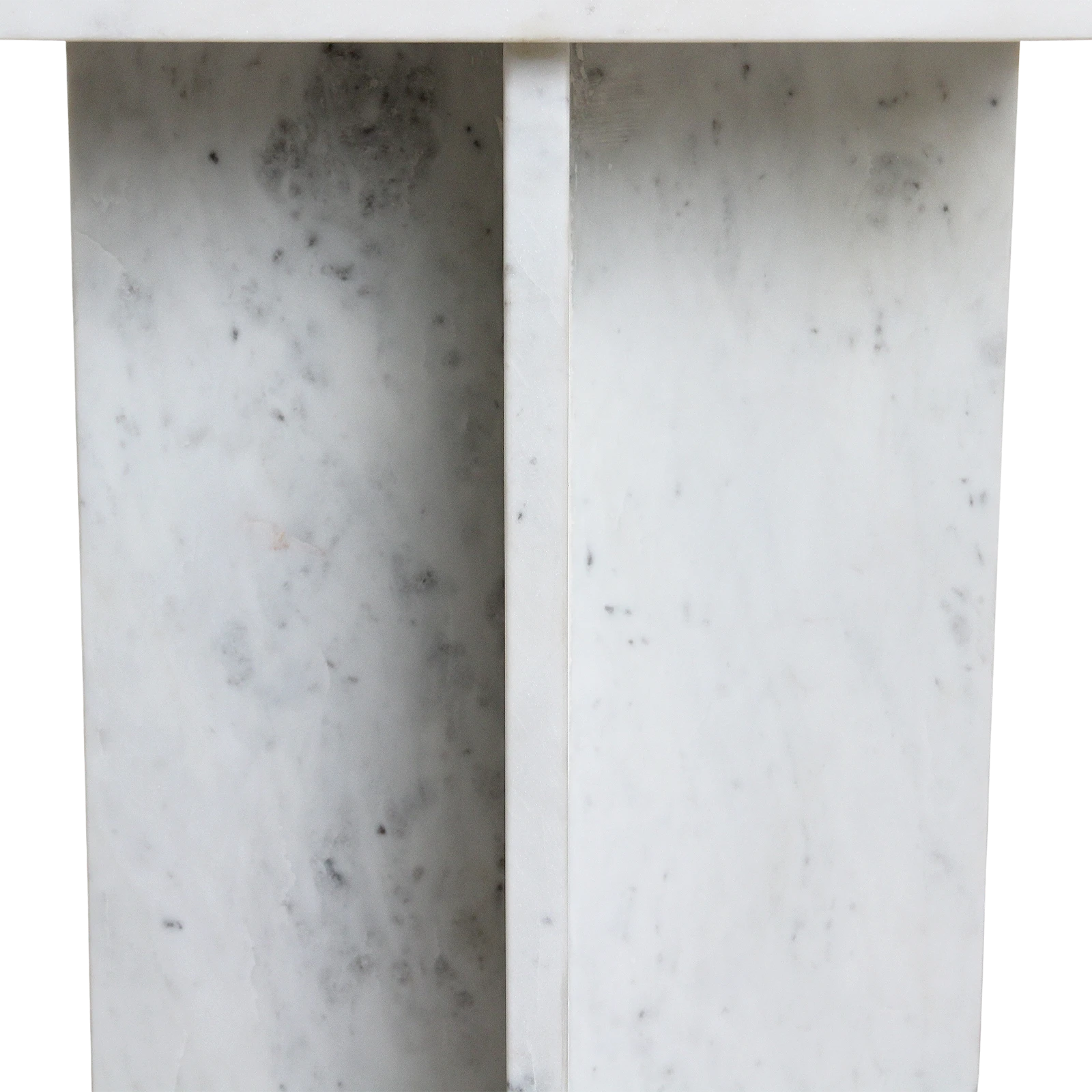 Kayu Living Beijing white marble side table featuring crossed slab construction with natural grey veining detail.