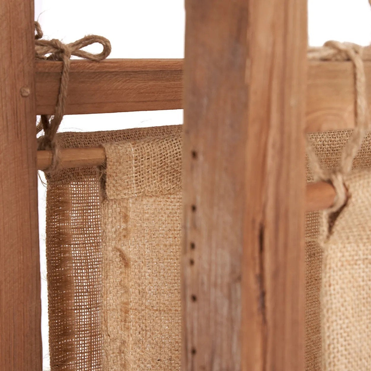 Kayu Living Zenbu room divider featuring reclaimed teak wood frame and natural jute fabric panels