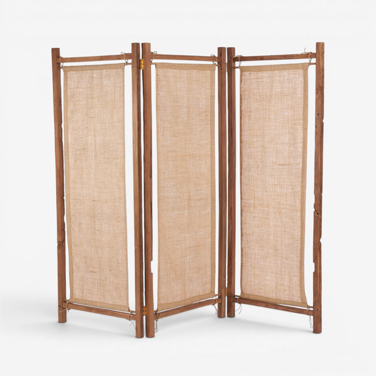 Kayu Living Zenbu room divider made of reclaimed teak wood and natural jute panels in a rustic, artisanal style.