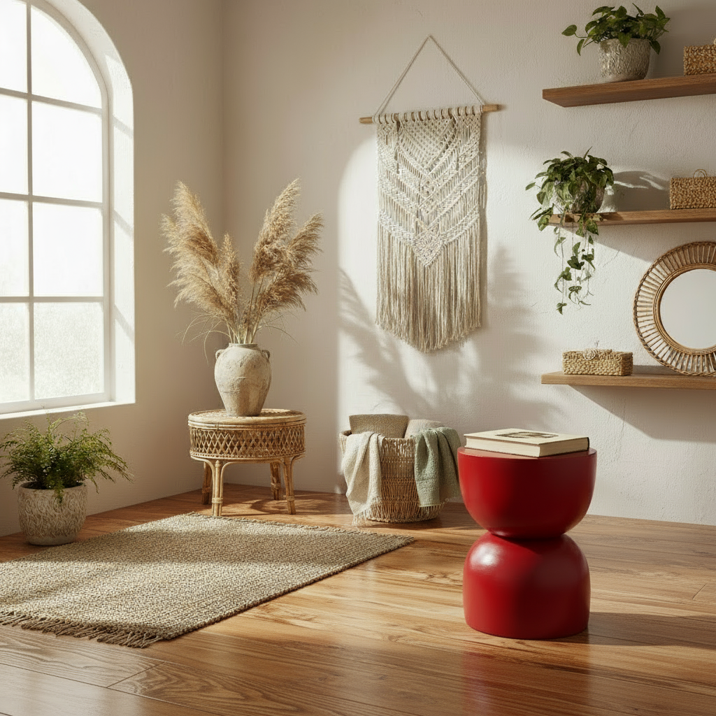 Living room with wooden floor, plants, and decorative items.