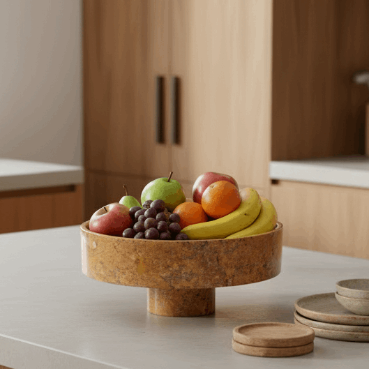 Kitchen counter with fruit bowl and decor in a modern kitchen setting